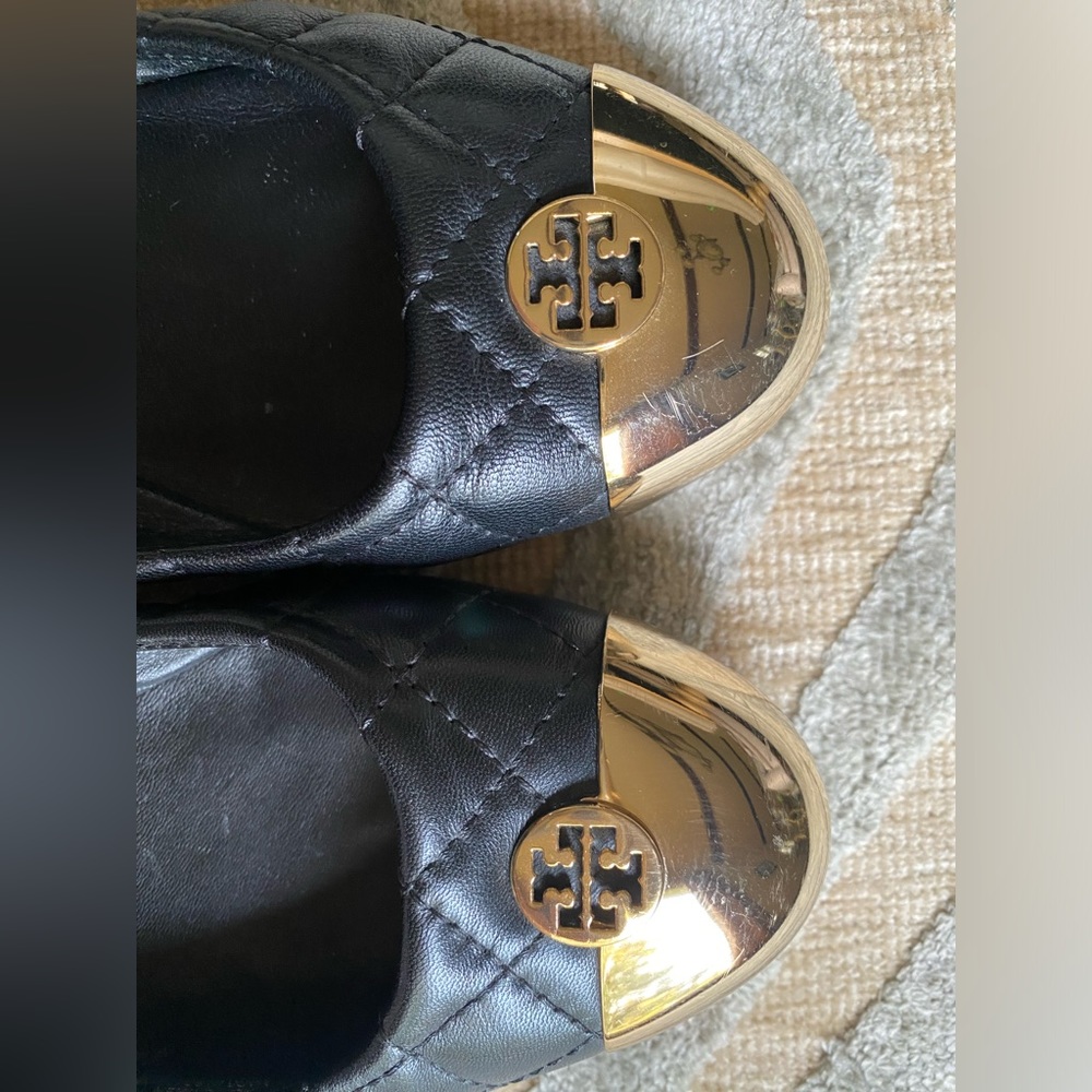 Preloved Tory Burch Kaitlyn black quilted good cap toe ballet flats size 5 - Picture 14 of 16
